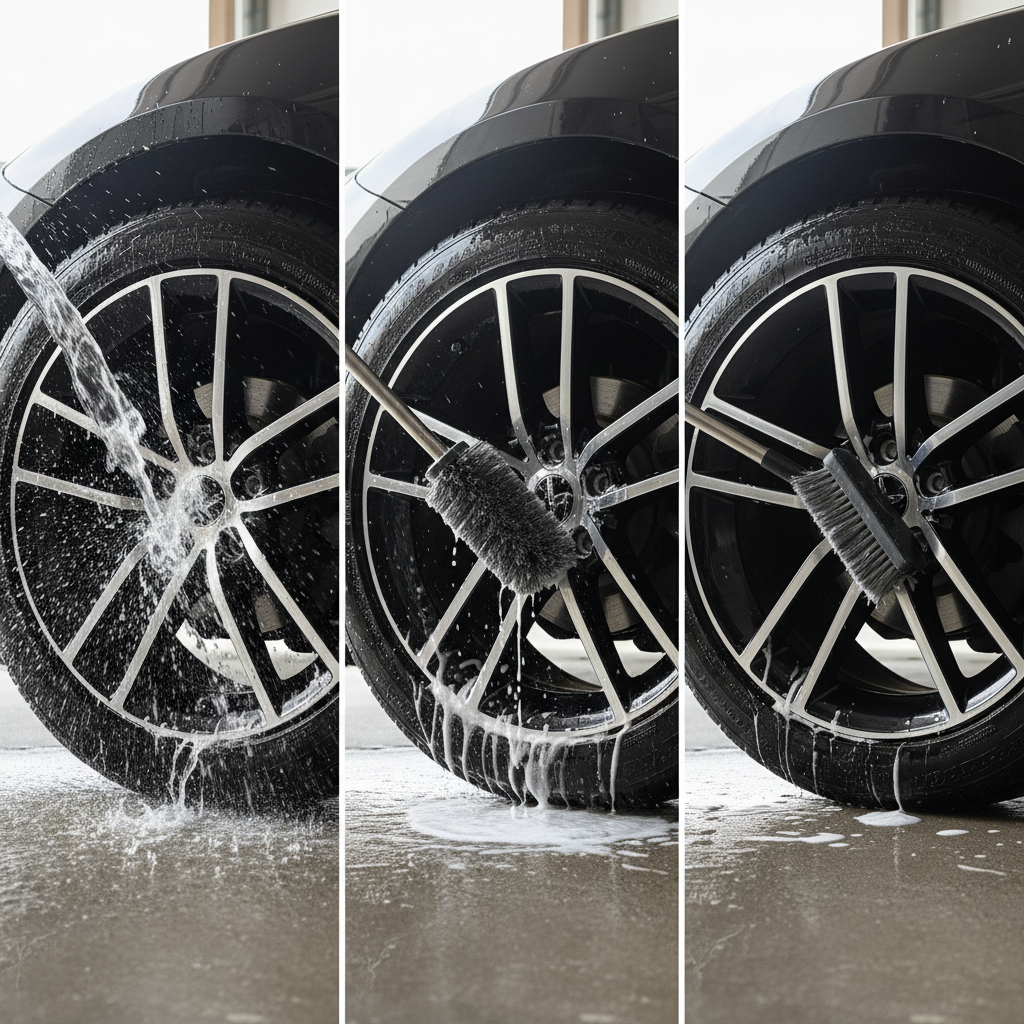 Car wheel cleaning process showing rinsing and brushing the wheel barrel and spokes