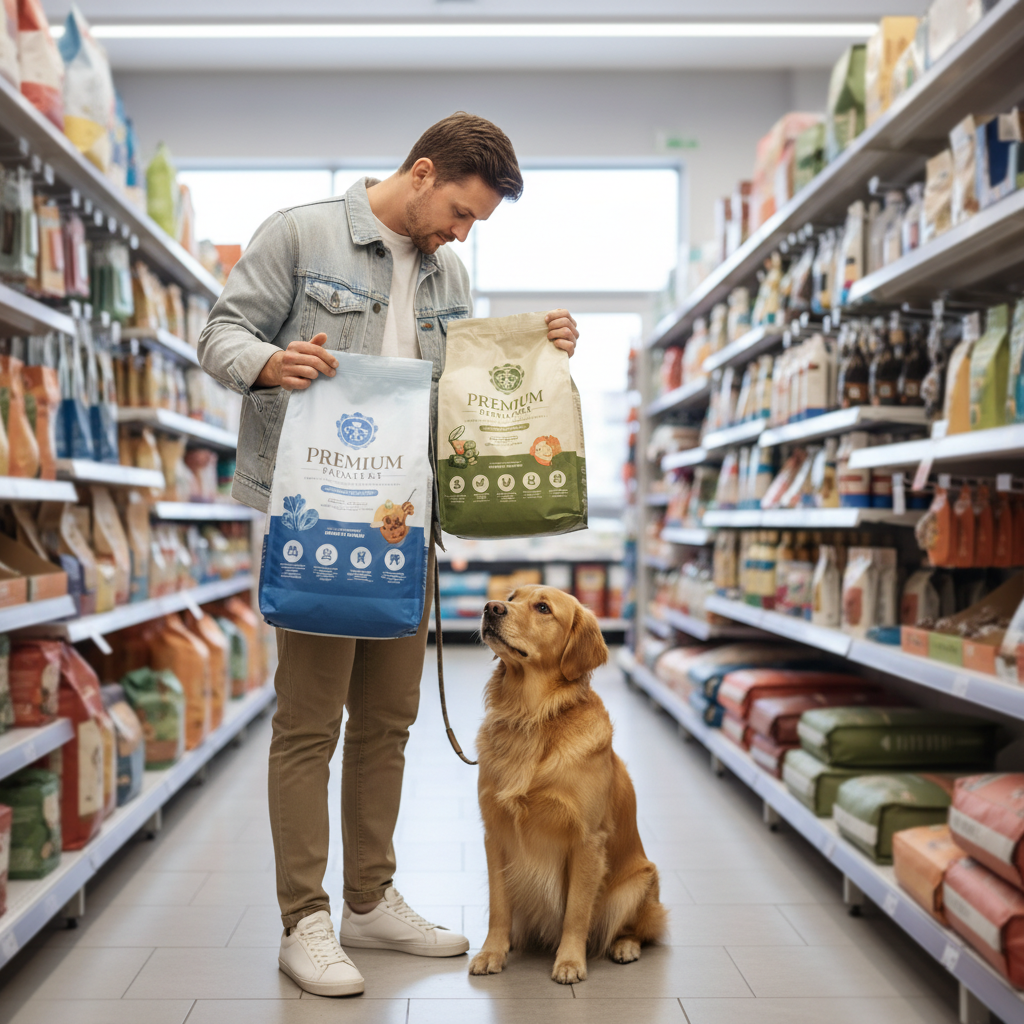 Dog owner comparing sensitive stomach dog food labels in a pet store aisle