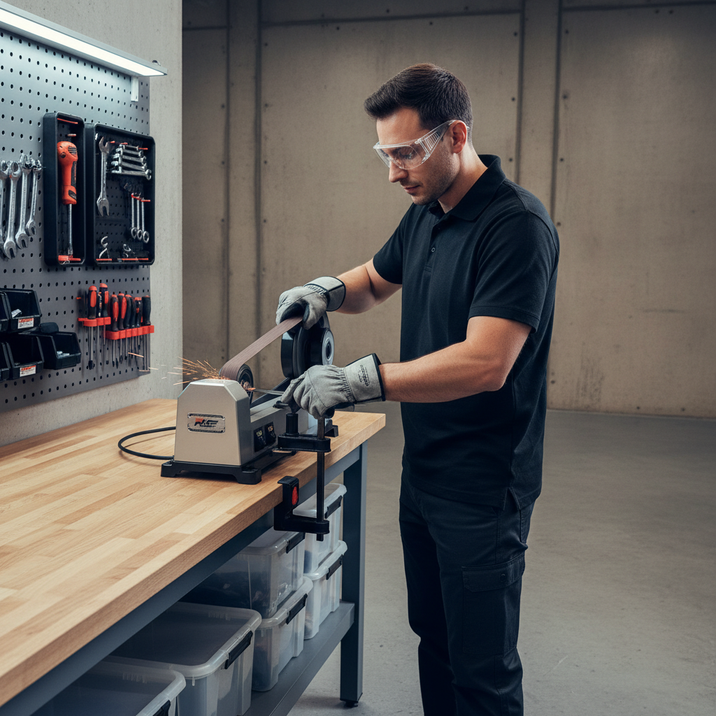 Safe sharpening with belt sharpener using eye protection and tool rest
