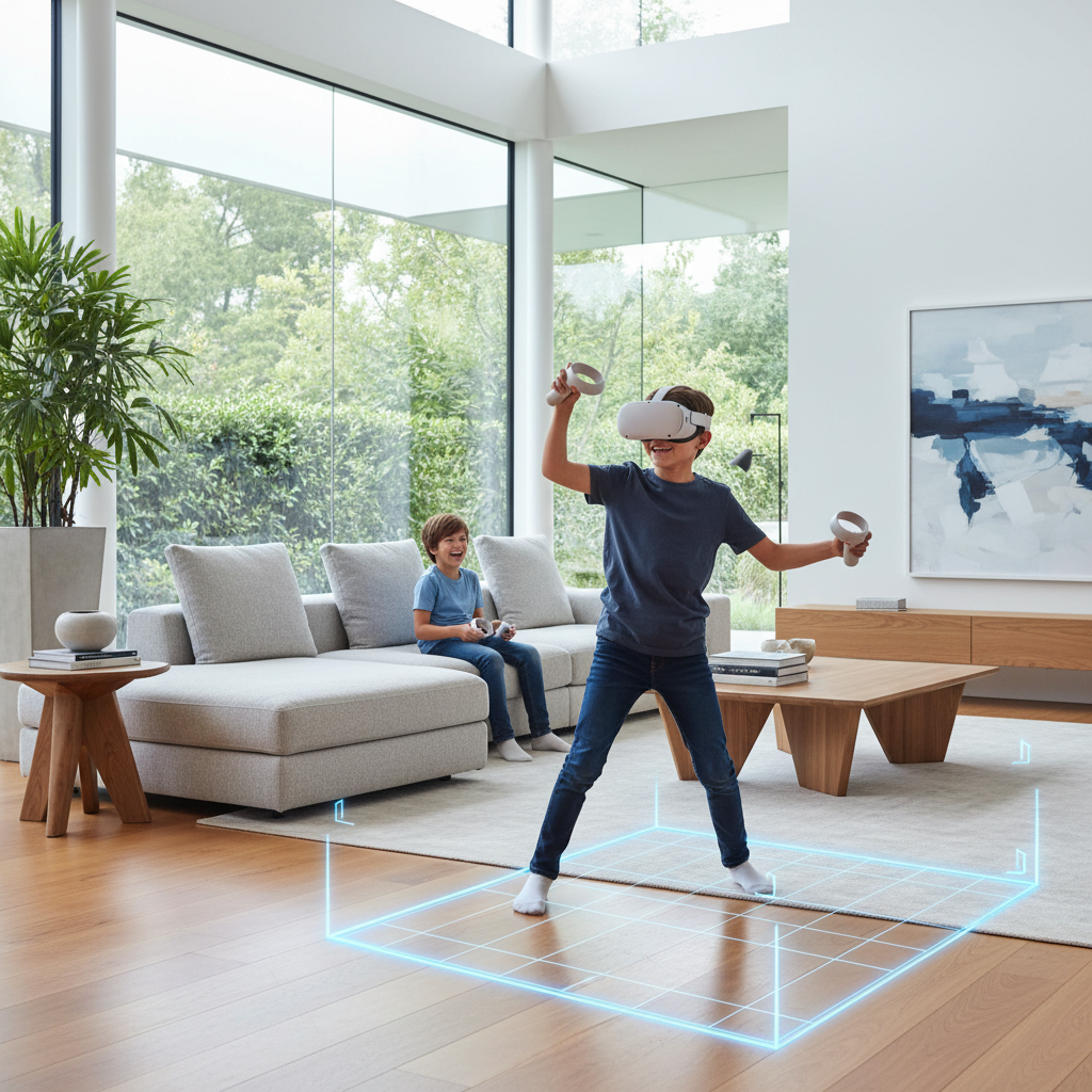 Kids playing a comfortable room-scale VR rhythm game in a clear play space