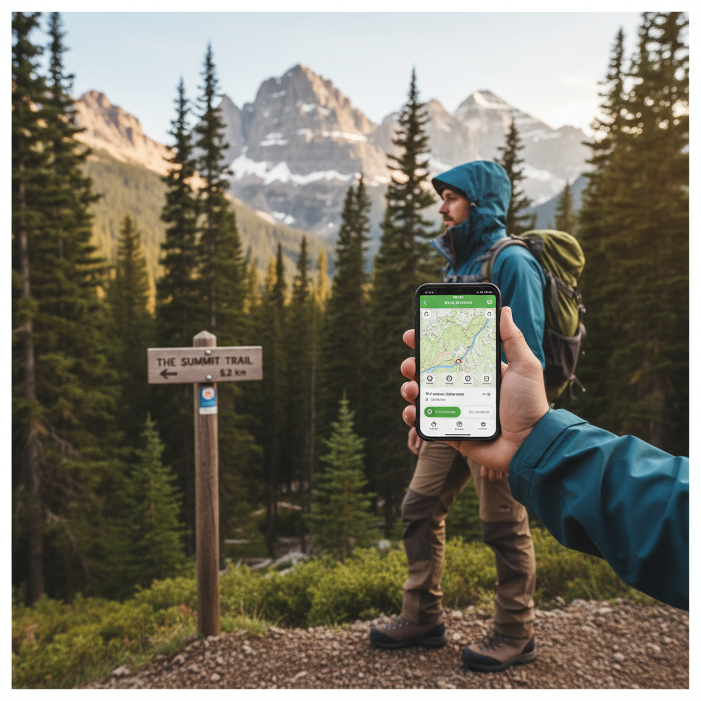 Traveler checking mountain weather and trail conditions on a phone before hiking