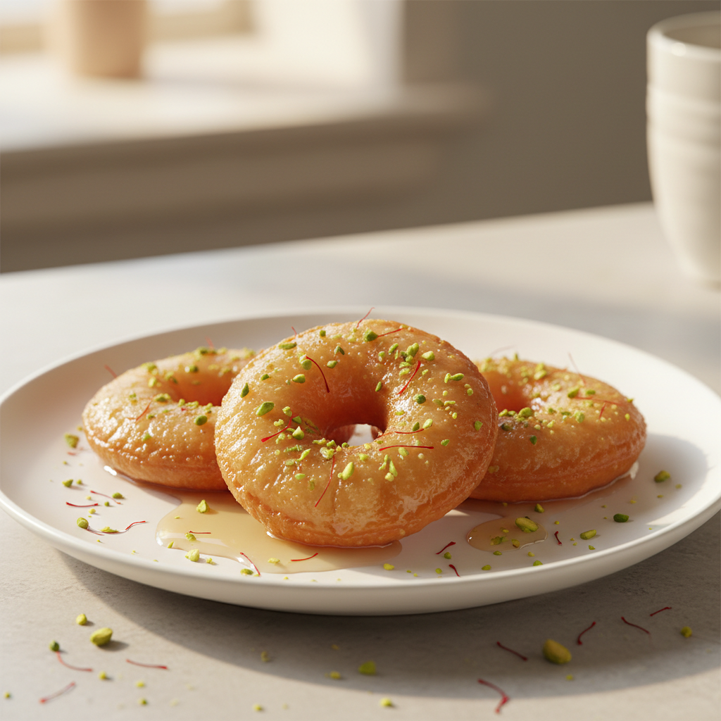 Sweet mawa kachori on a plate with sugar syrup and pistachios