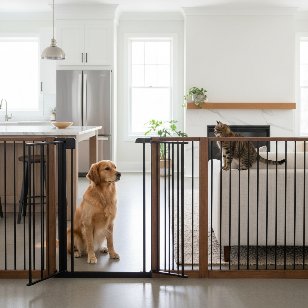 Pet gate separating a kitchen from a living room with a dog and cat nearby