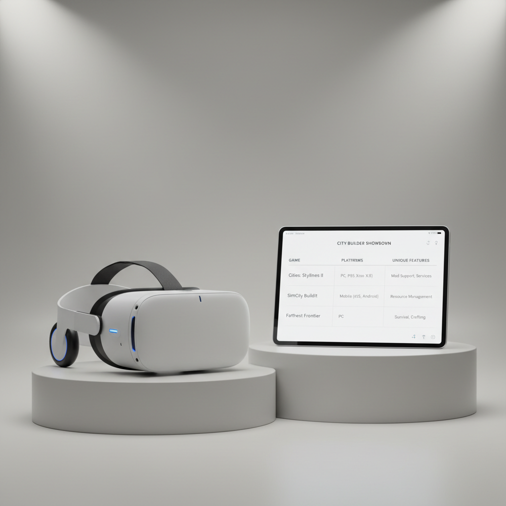 Comparison table concept for VR city builder games on Quest and PC VR