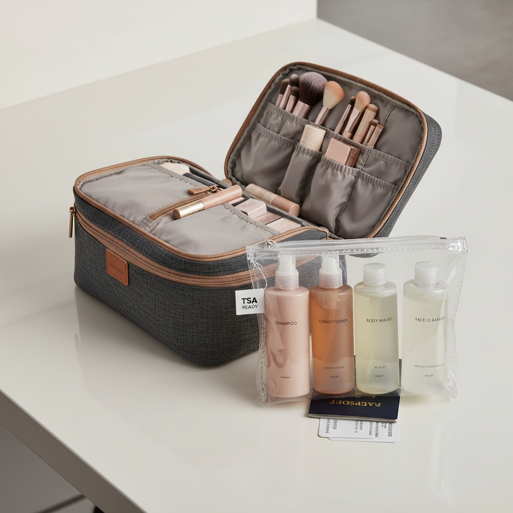 TSA-friendly clear pouch next to a structured makeup bag for travel organizer