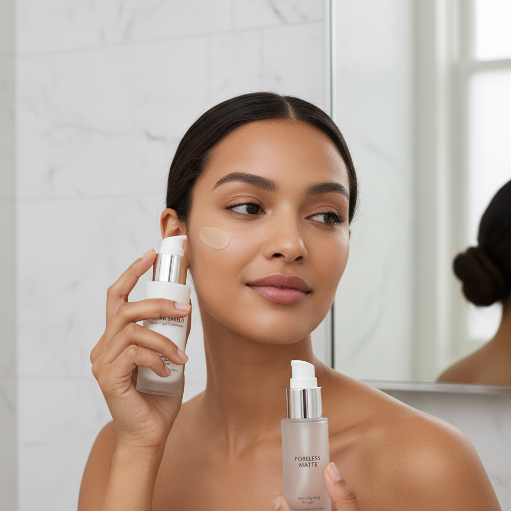 Applying lightweight sunscreen and oil-control primer for oily skin makeup base