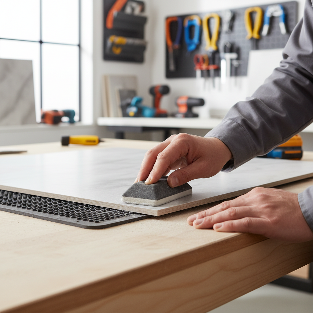 Smoothing a freshly cut tile edge with a rubbing stone for a clean finish