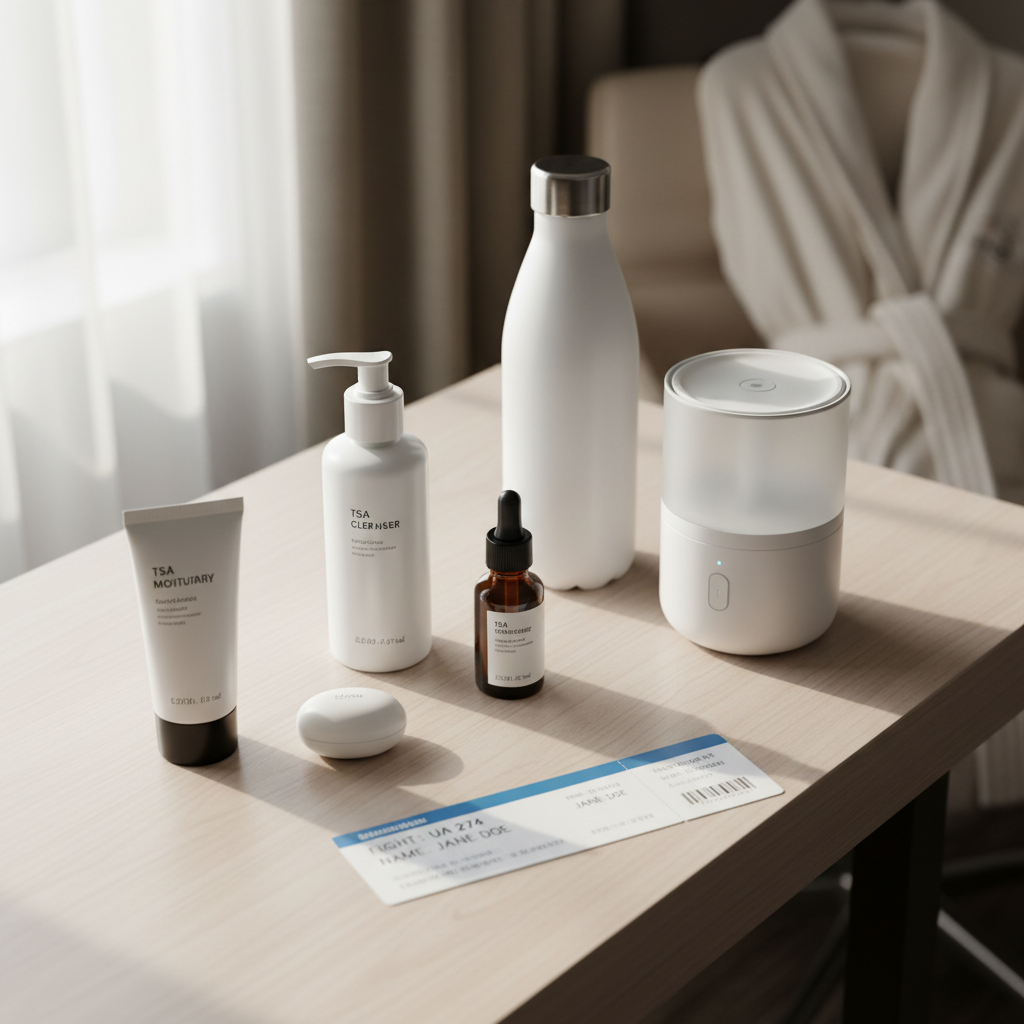 Carry-on friendly skincare and water bottle for hydrated skin while traveling