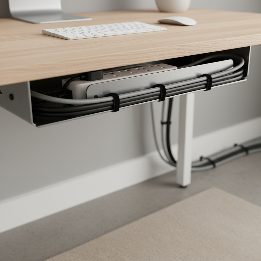 Under desk cable tray and mounted power strip with tidy wires in a modern home office