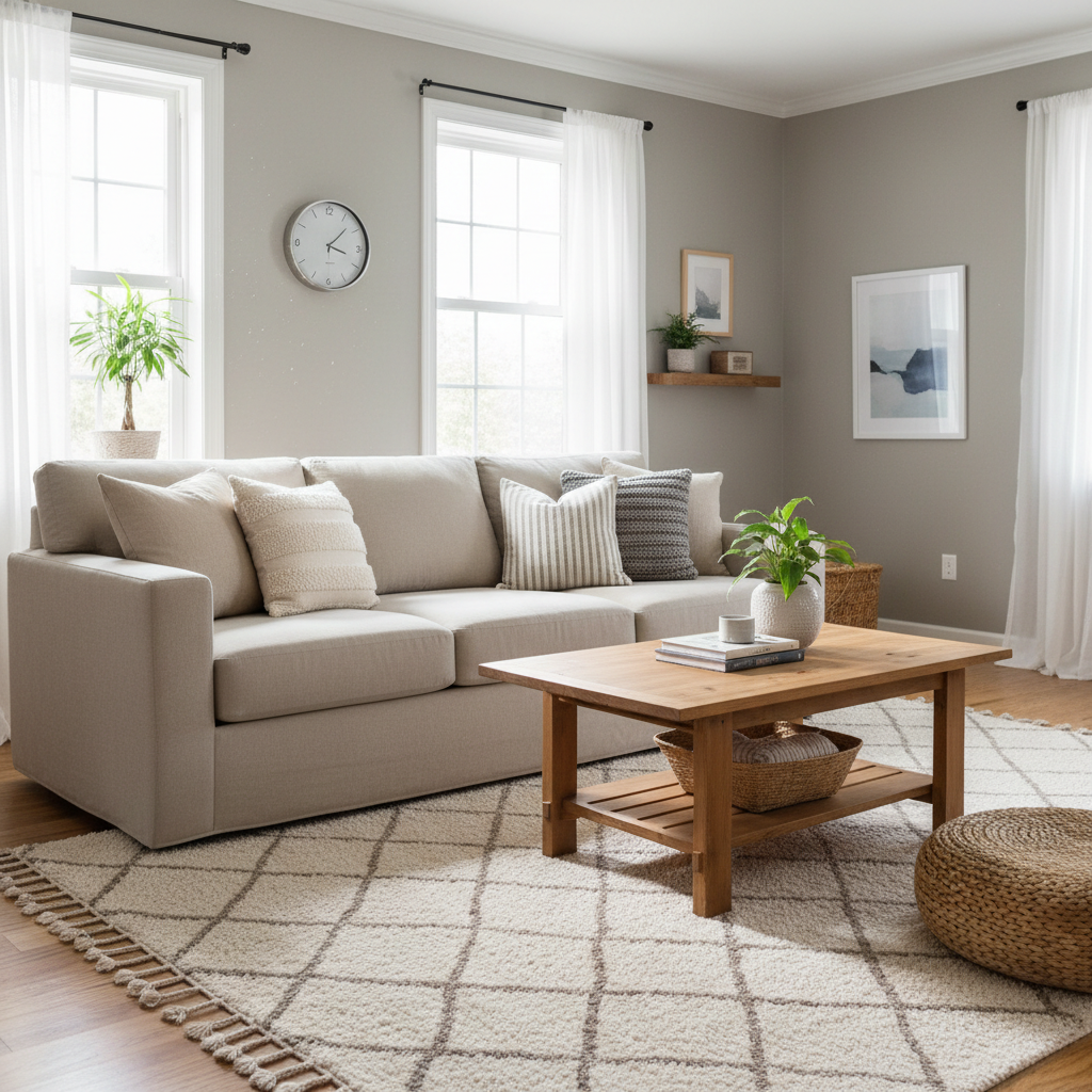 Budget living room with layered textiles and warm neutral textures