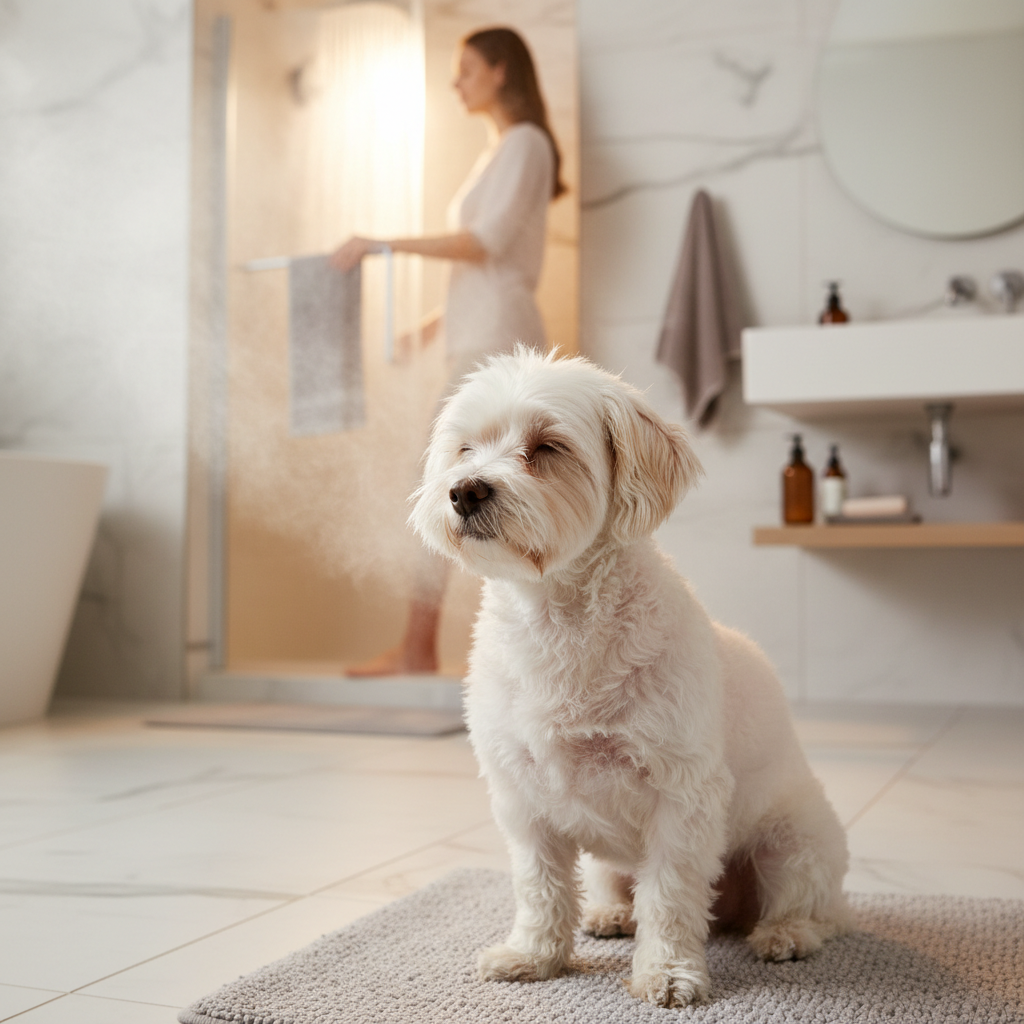 Dog breathing comfortably in a steamy bathroom to ease airway irritation