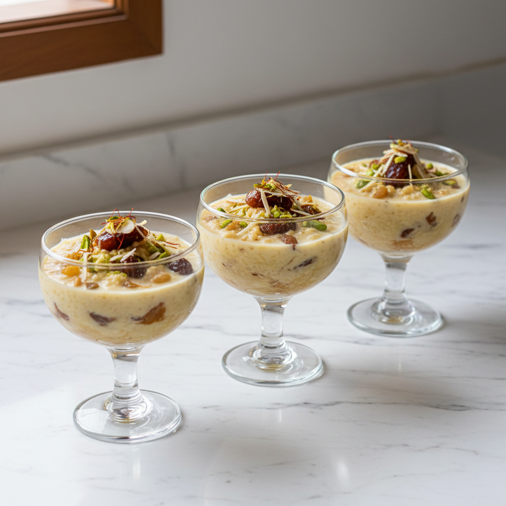 Serving chilled mewa dry fruit kheer in small dessert cups with saffron and pistachios