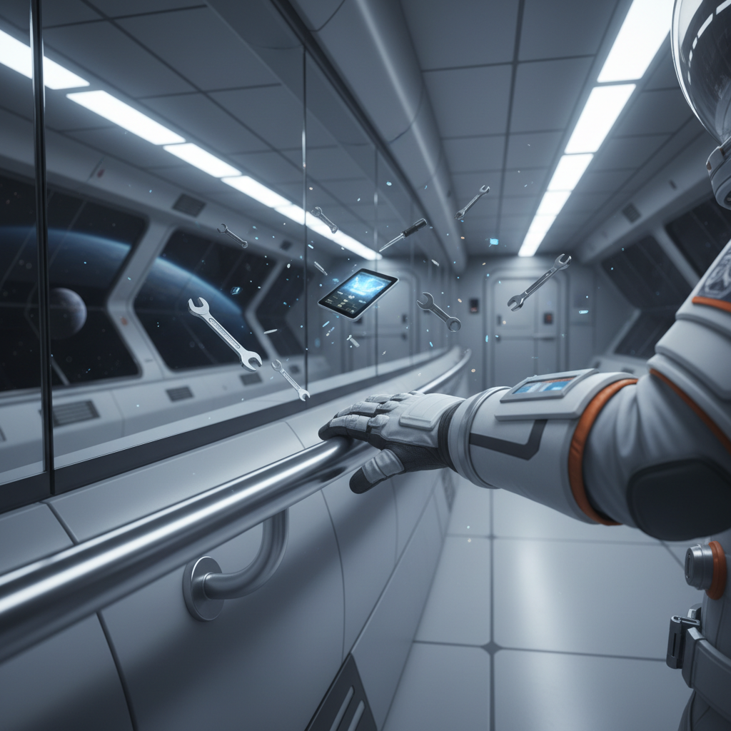 Zero gravity VR sci fi scene with astronaut hand grabbing a rail inside a space station