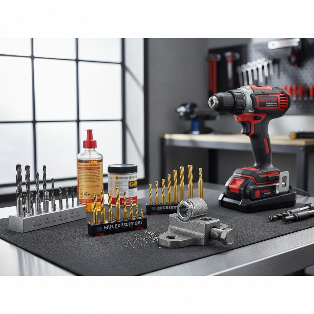 Extractor set, drill bits, and stripped bolt on a workbench