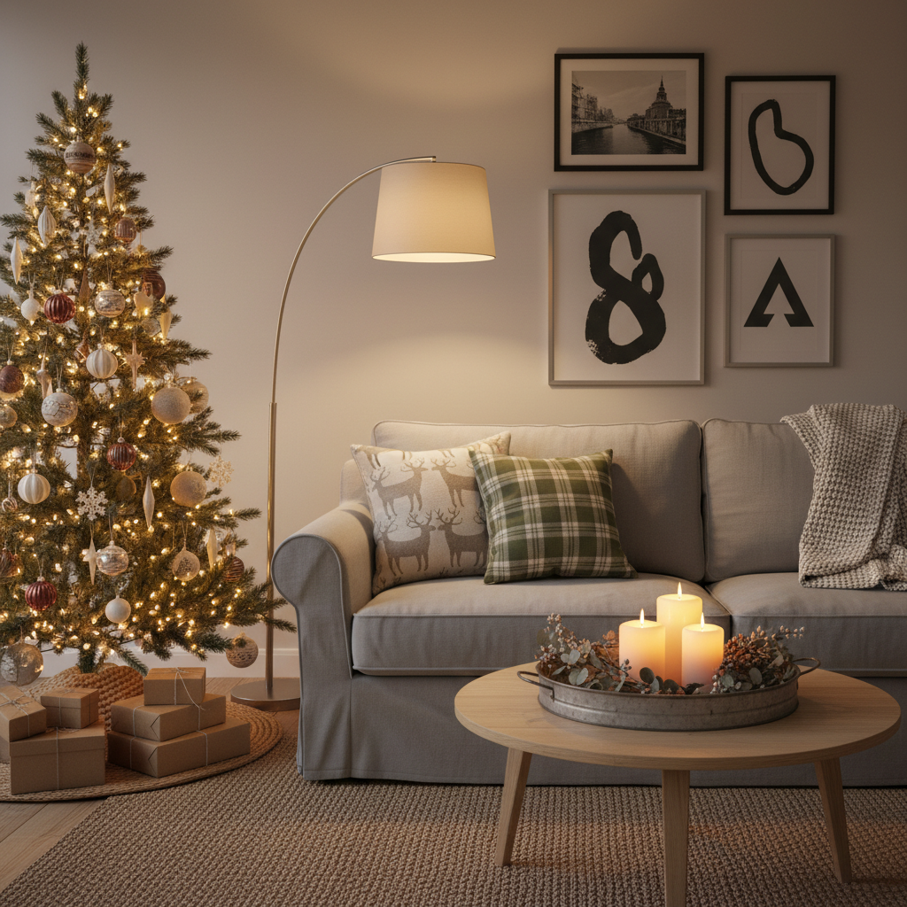 Cozy budget holiday living room with warm white lights, simple tree, and minimal decorations