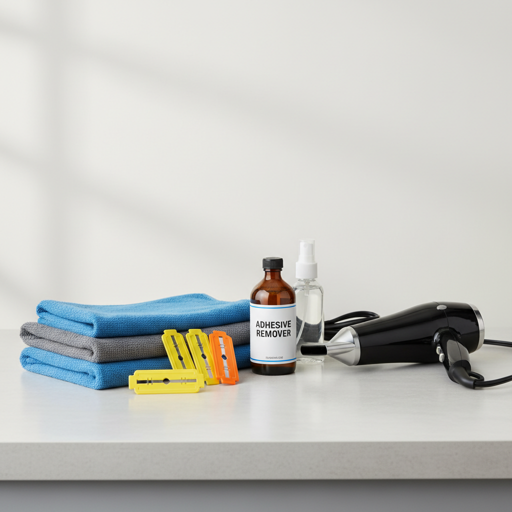 Car sticker removal kit with plastic razor blades, microfiber towels, and adhesive remover