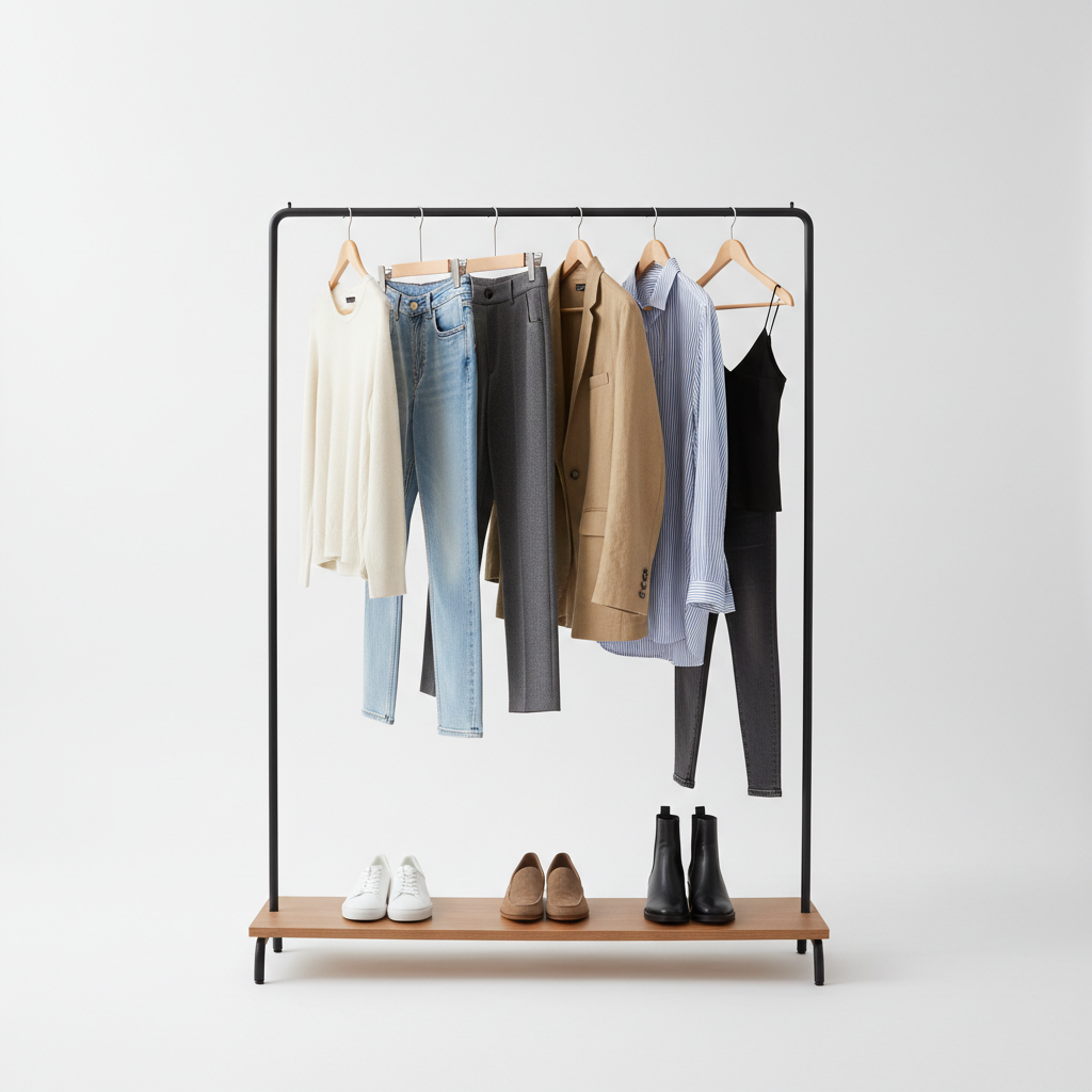 Mix-and-match capsule wardrobe outfits on hangers for beginners
