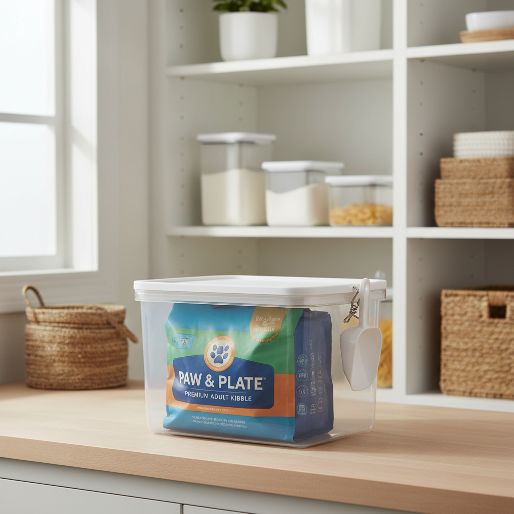 Proper dog kibble storage setup with bag label kept inside airtight container and clean scoop
