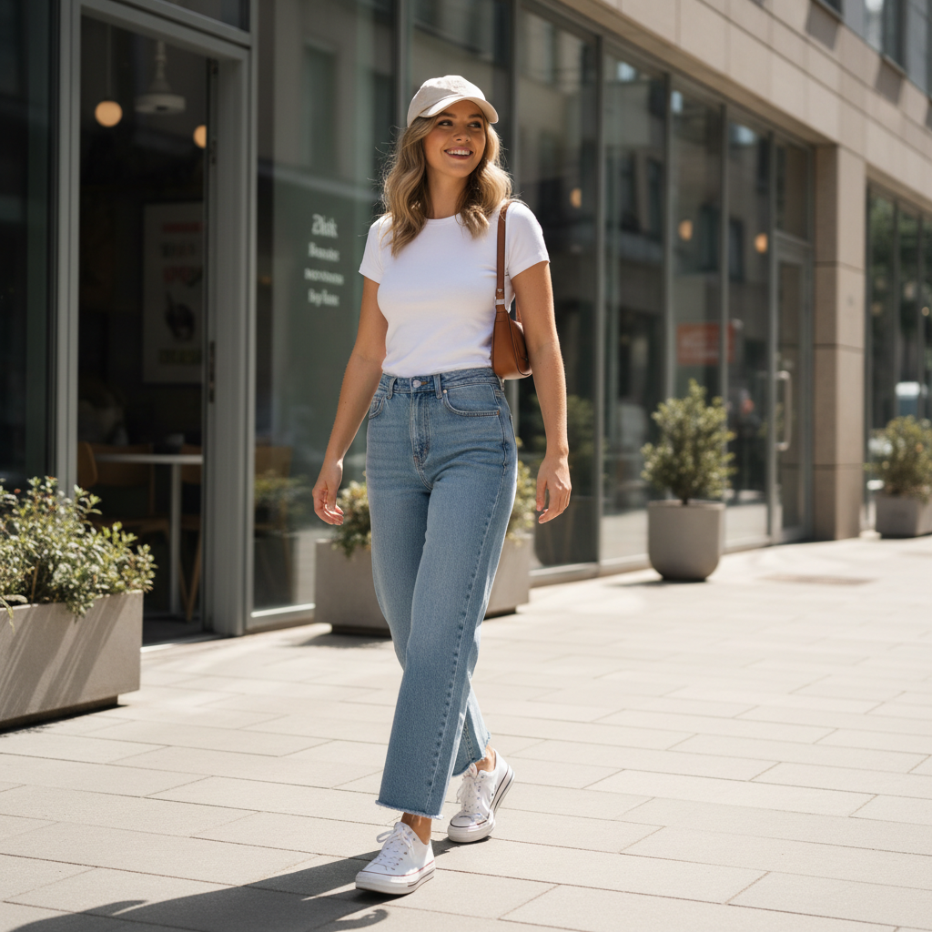 Cute casual outfit with a baseball cap, jeans, and sneakers