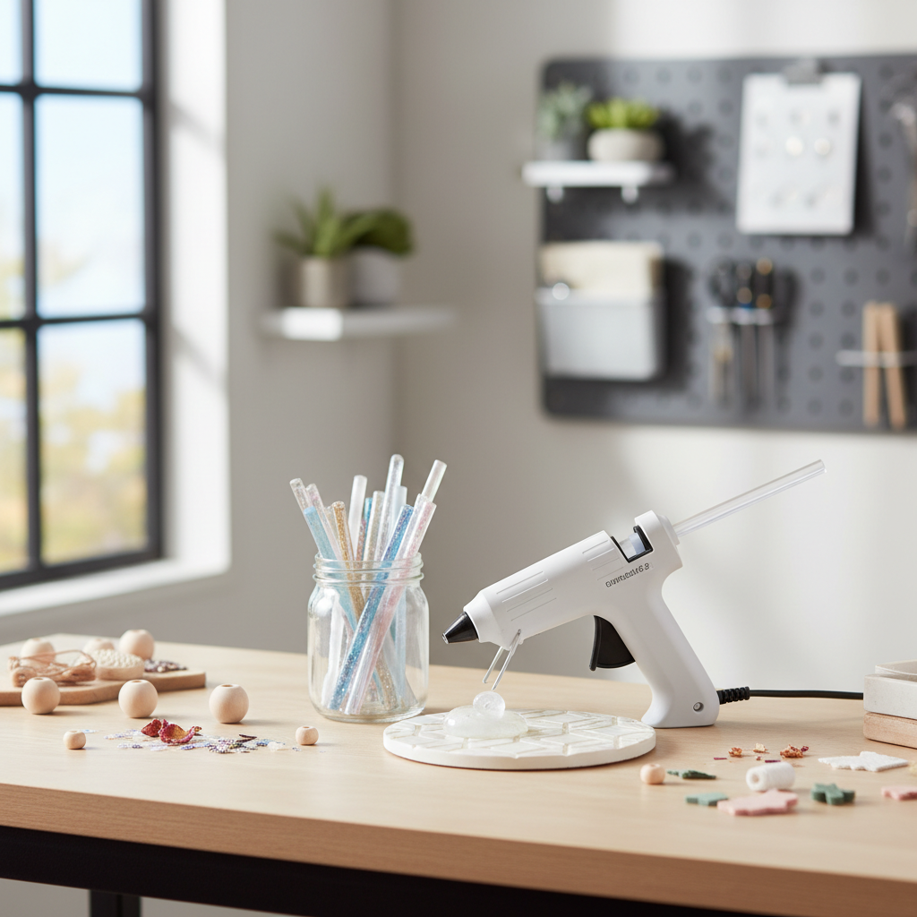 Hot glue gun setup for crafts and small repairs on a workbench
