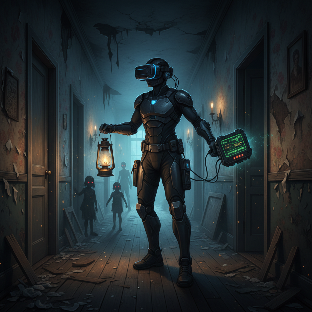 VR player exploring a haunted hallway in a paranormal investigation game