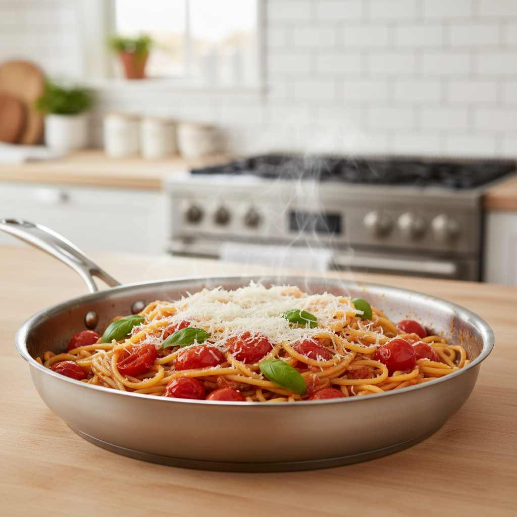 Cherry tomato burst pasta in a skillet with basil and parmesan