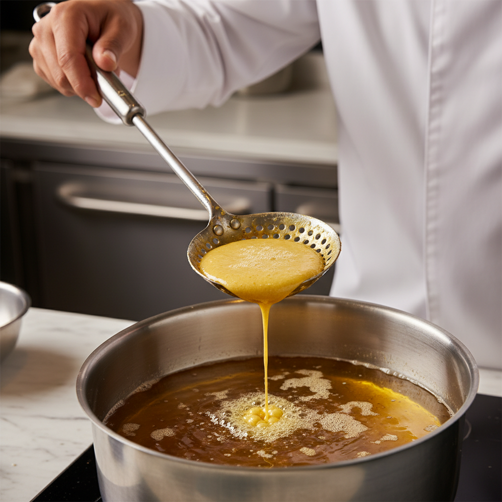 Making tiny boondi by pouring batter through a perforated ladle into hot ghee