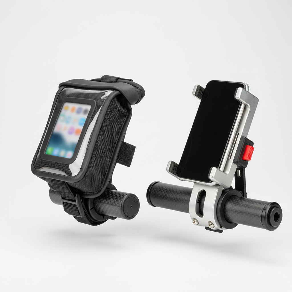Comparison of sealed waterproof phone pouch mount vs open bike phone mount