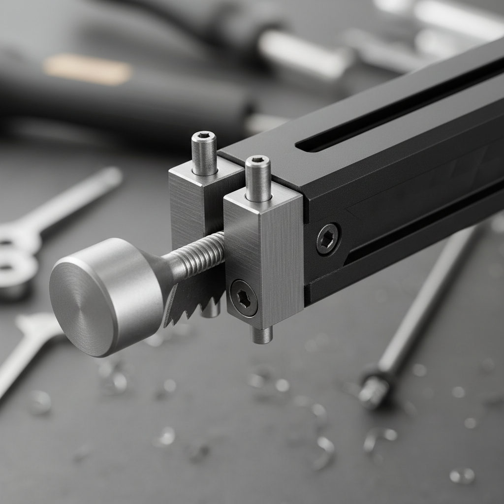 Close-up of hacksaw tension knob and blade mounting points