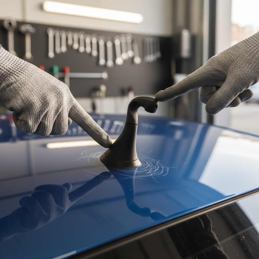 Bent car antenna mast on a vehicle roof needing repair