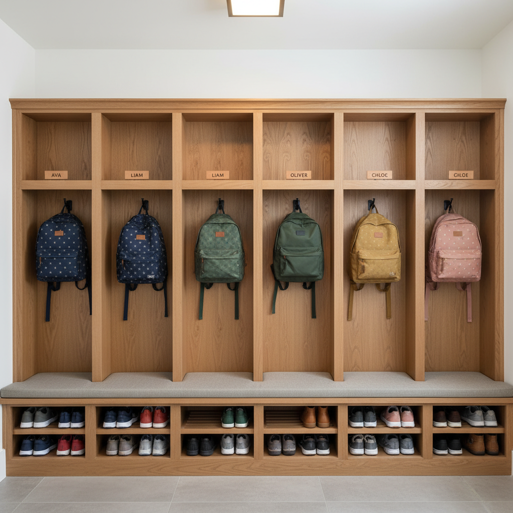Labeled mudroom cubbies for kids backpacks and shoes