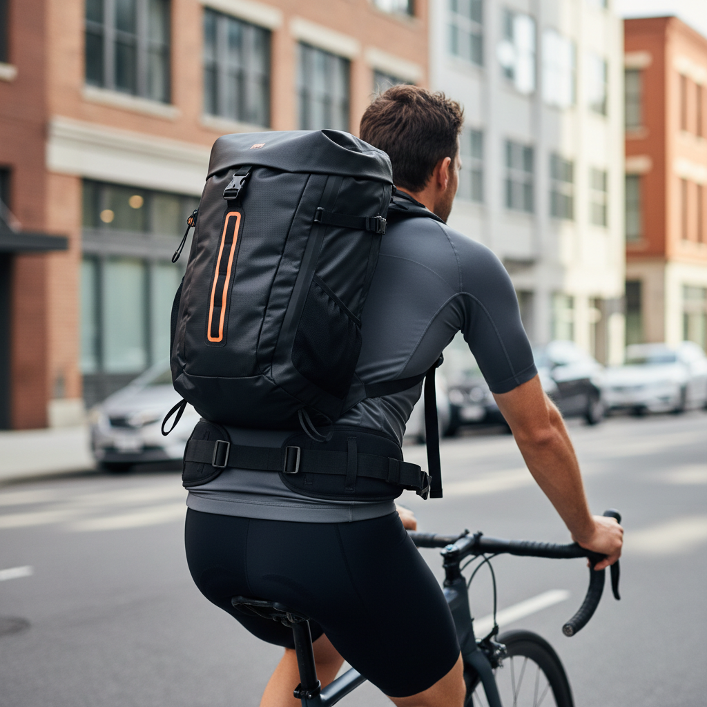 Cyclist wearing a fitted cycling backpack with chest strap and ventilated back panel