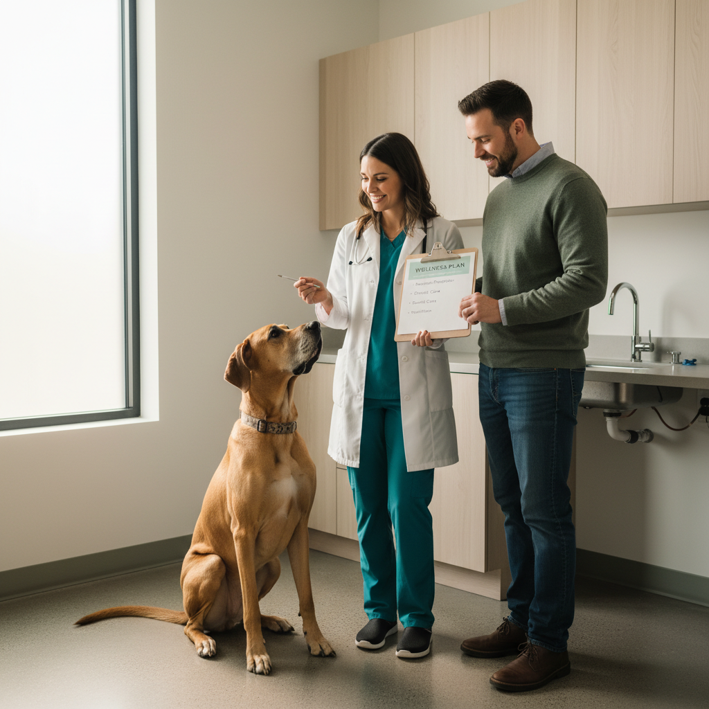 Veterinarian discussing bloat prevention plan with dog owner
