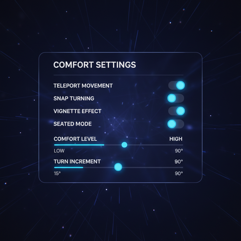 Comfort settings menu for VR locomotion and turning options