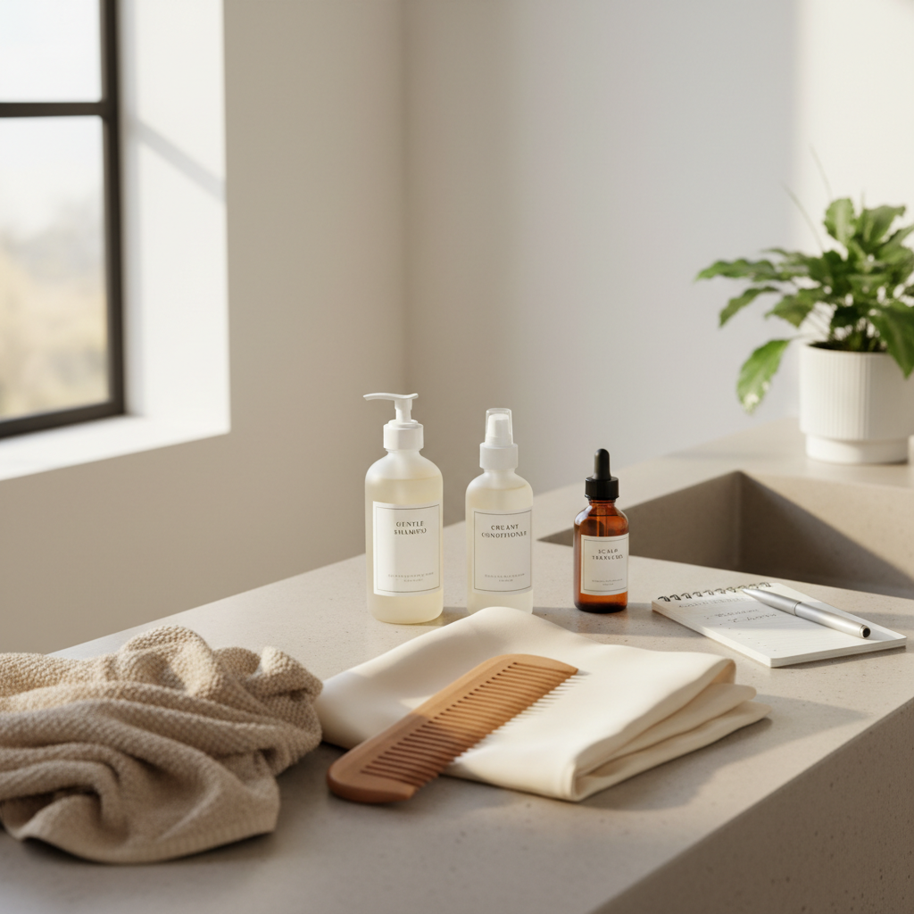 Healthy hair and scalp routine essentials on a bathroom counter