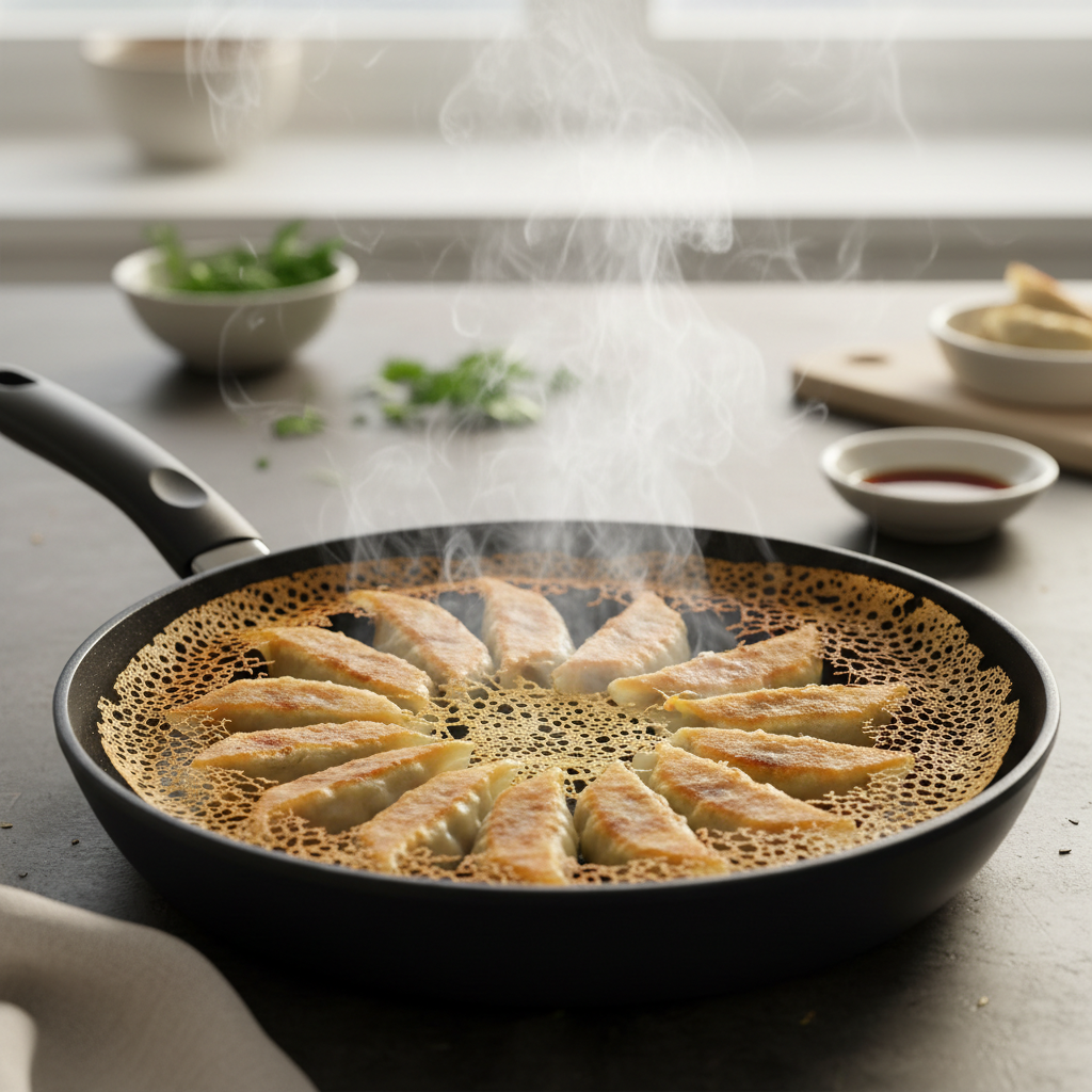 Crispy pan-fried gyoza in a skillet with golden lace skirt