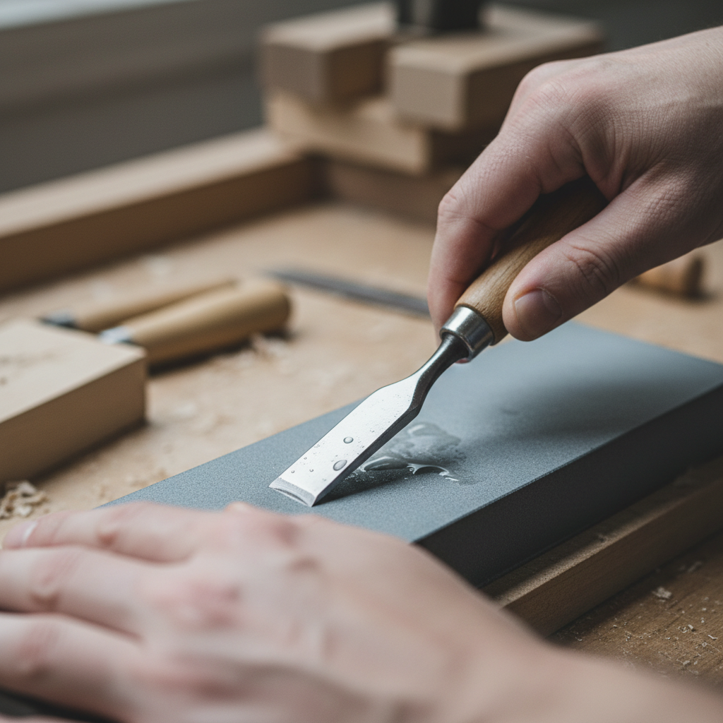 Close-up of sharpening a carving chisel on a whetstone