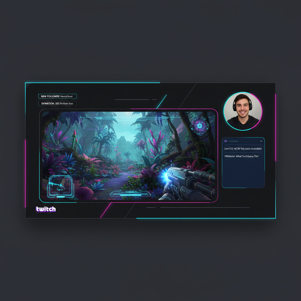 Twitch VR stream layout with chat overlay and readable alerts