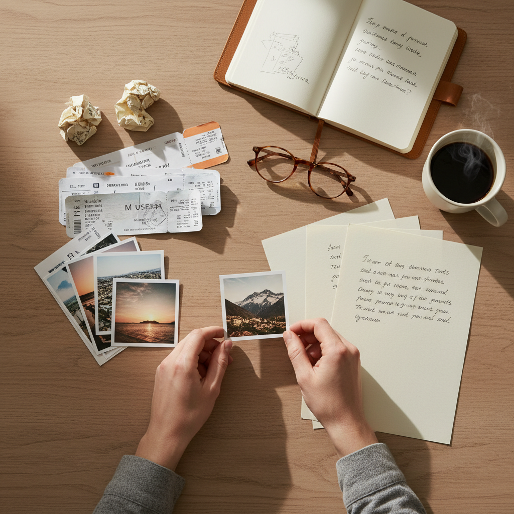 Traveler organizing photos and notes to turn into a travel journal entry