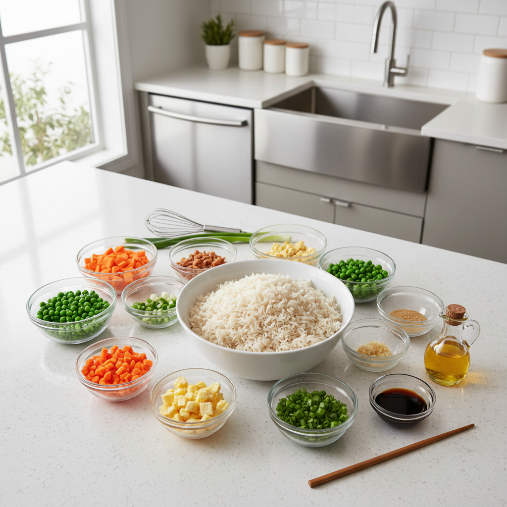 Ingredients and prepped bowls for easy homemade fried rice