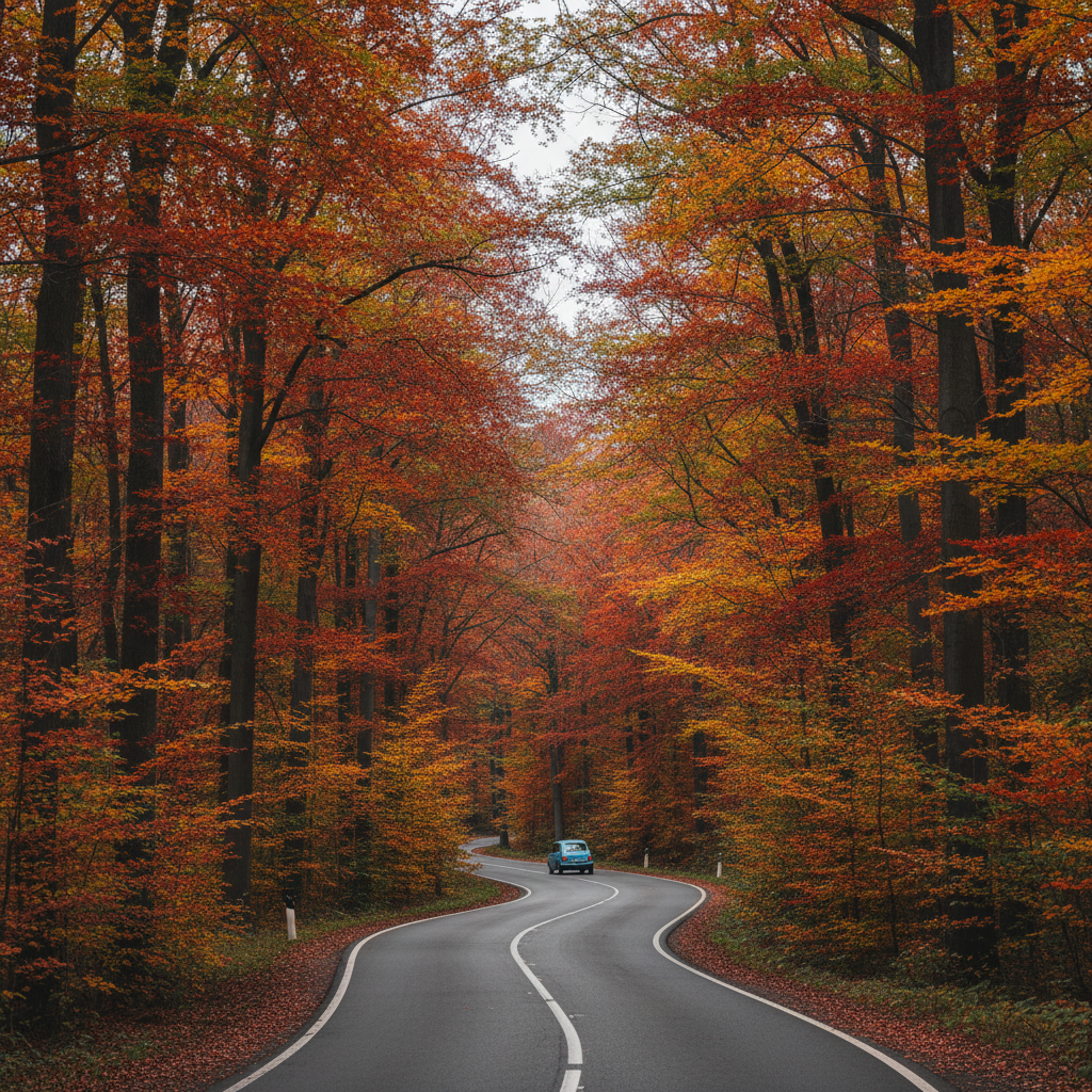 Fall travel photo composition with leading lines on a tree-lined road