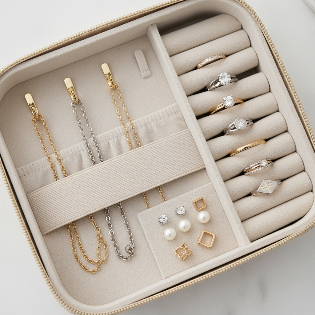Close-up of necklace hooks and padded earring panel inside a travel jewelry case