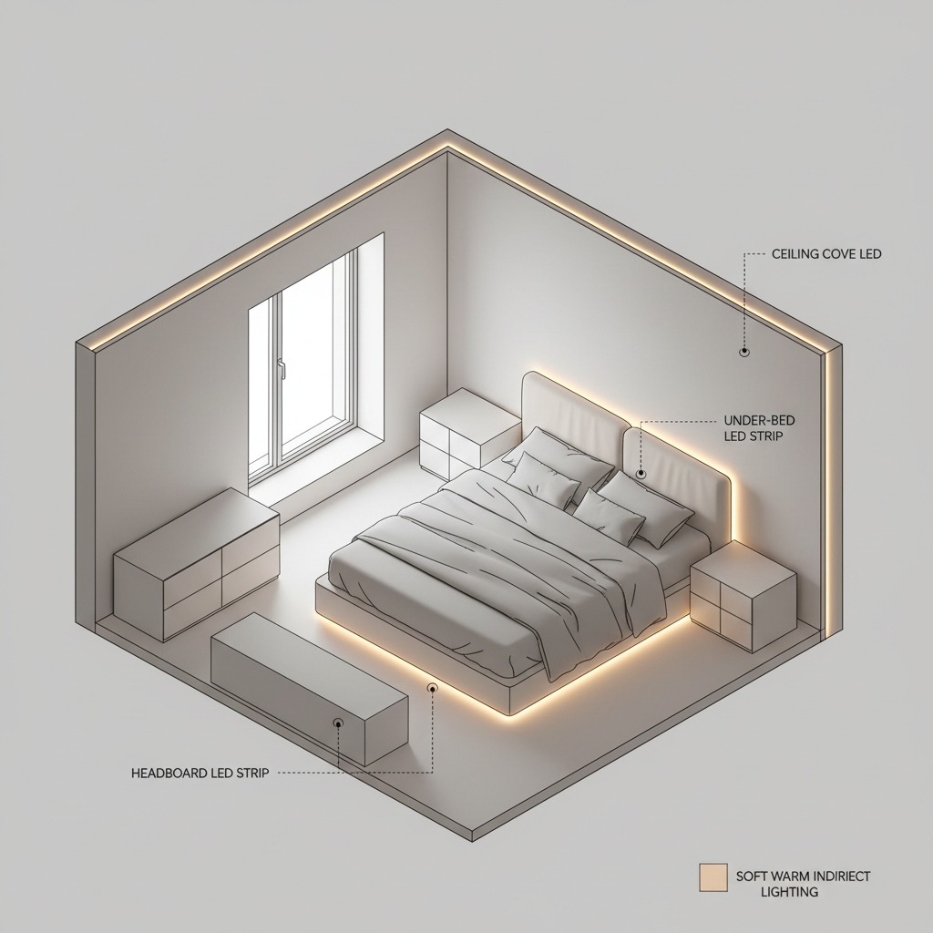 Bedroom lighting zones plan with LED strips behind headboard and under bed