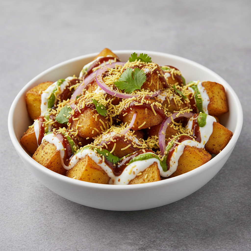 Assembled potato aloo chaat with chutneys and sev topping