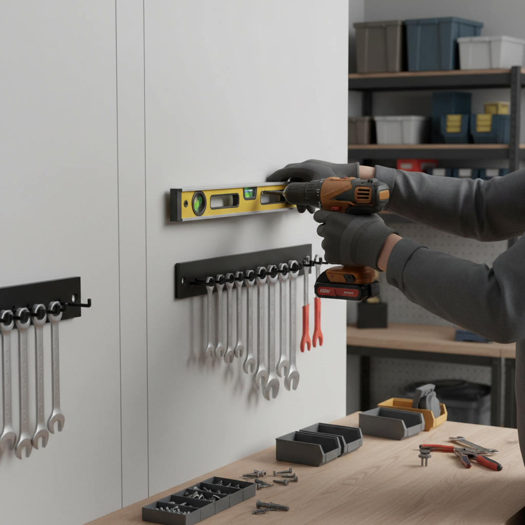 Installing a magnetic tool holder into wall studs with a drill and level