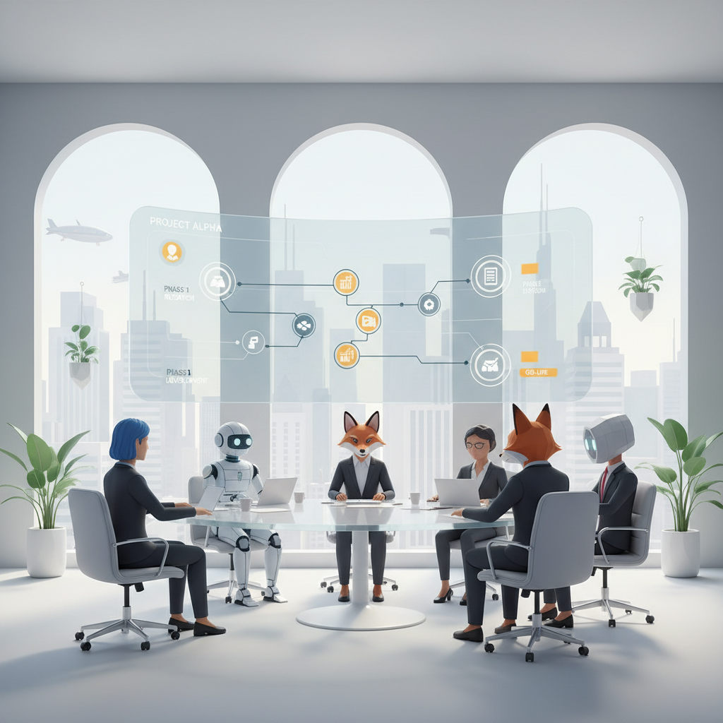 VR team meeting with avatars around a virtual table and a shared presentation screen