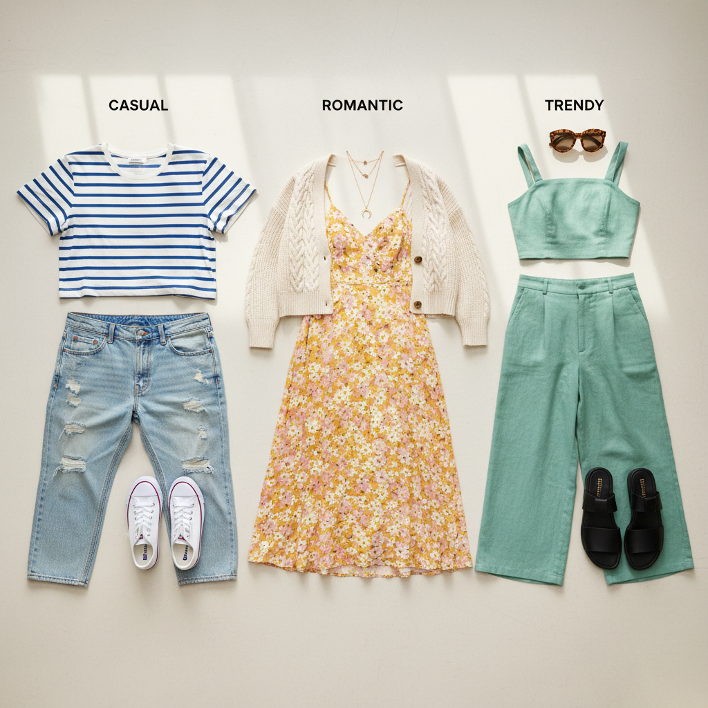 Brunch outfit style guide showing casual romantic and trendy looks