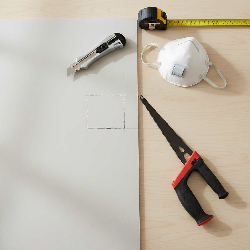 Keyhole saw and layout marks for cutting a small hole in drywall
