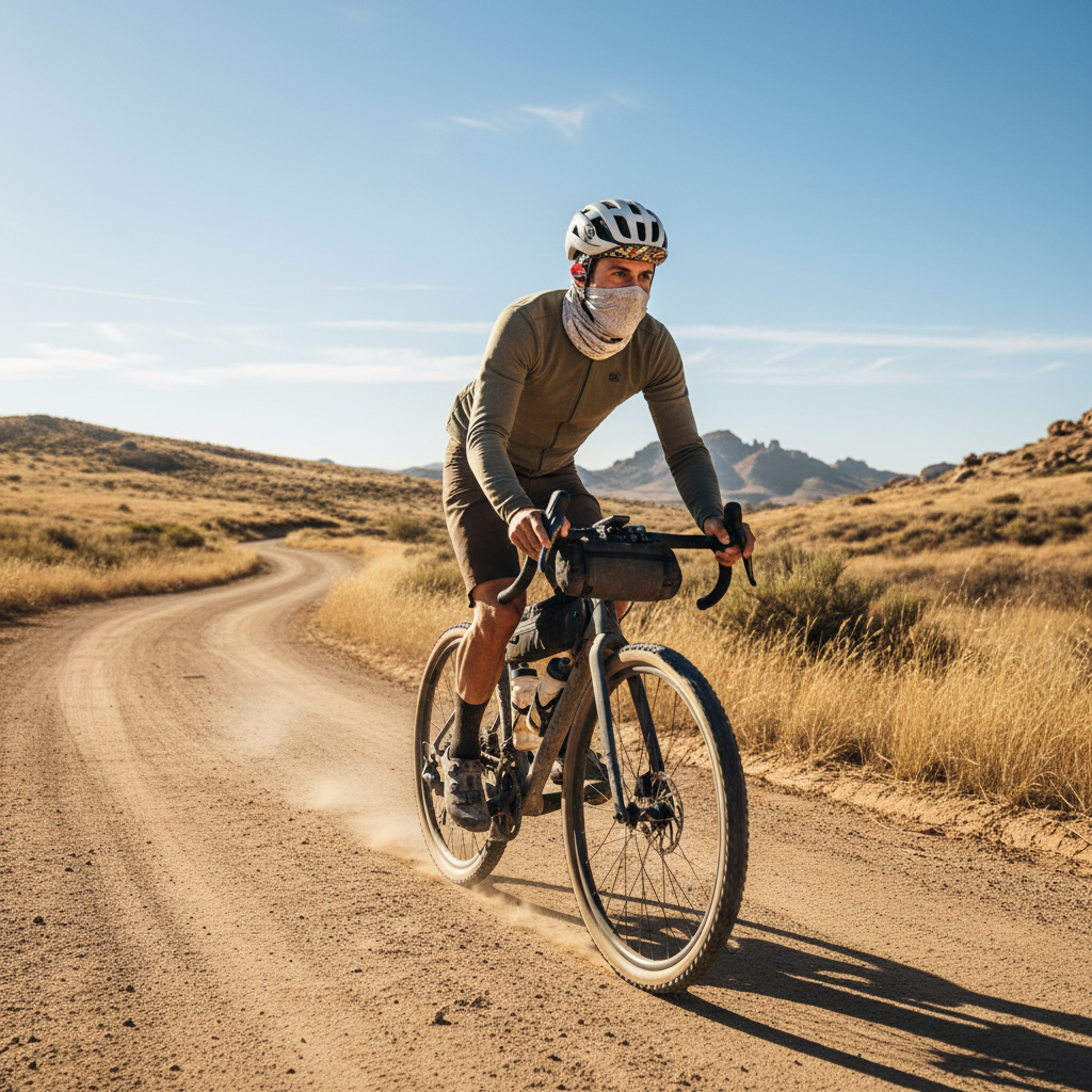 Gravel cyclist wearing neck gaiter and cap under helmet in strong sun