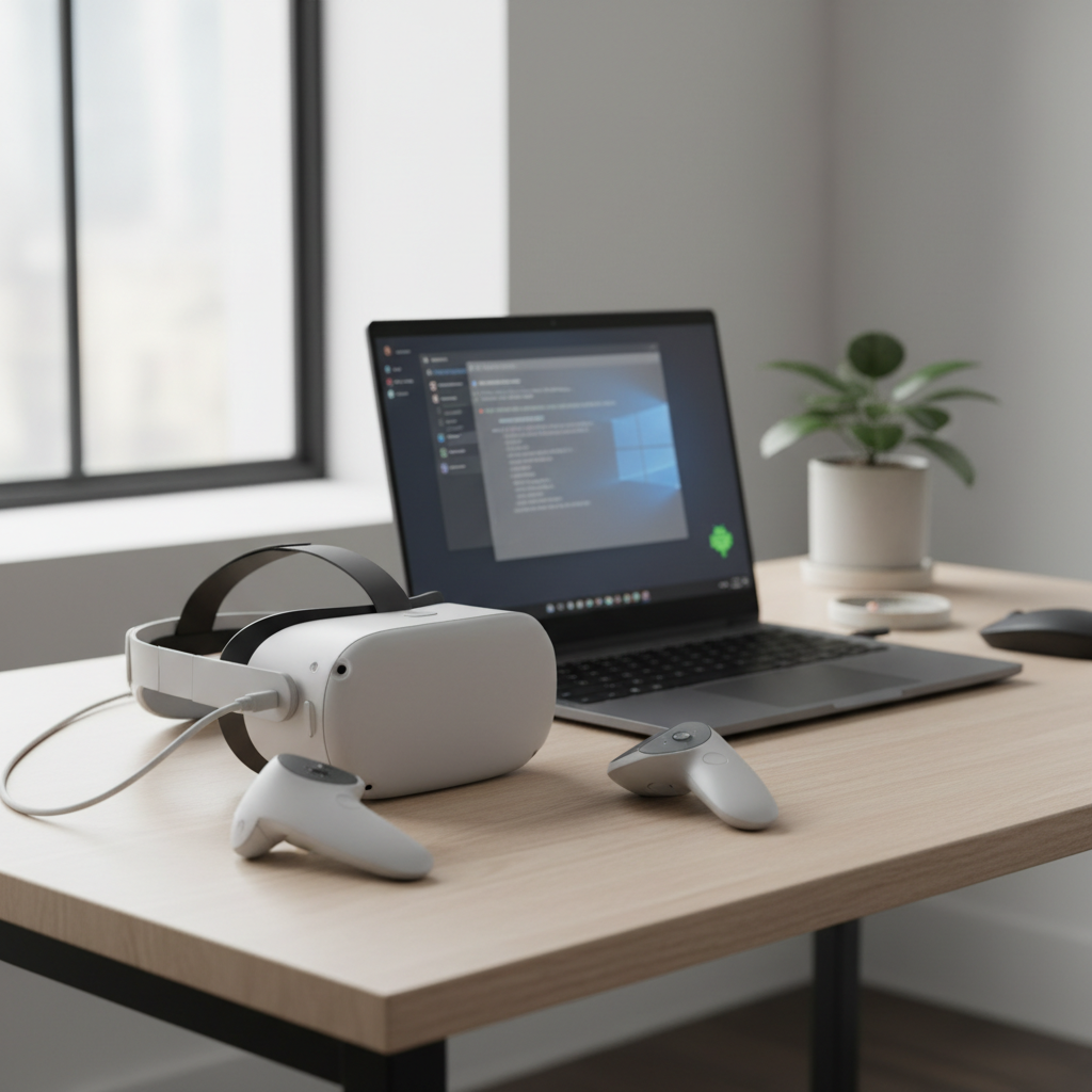 Meta Quest 3 connected to a Windows laptop for APK sideloading via USB-C